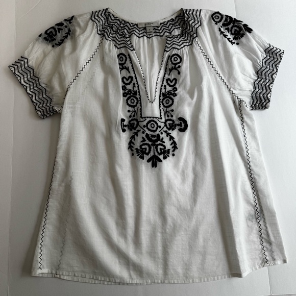 J.Crew Vintage White Gauze Blouse Black Embroidered V-Neck Puff Sleeve 0 - Picture 8 of 15
